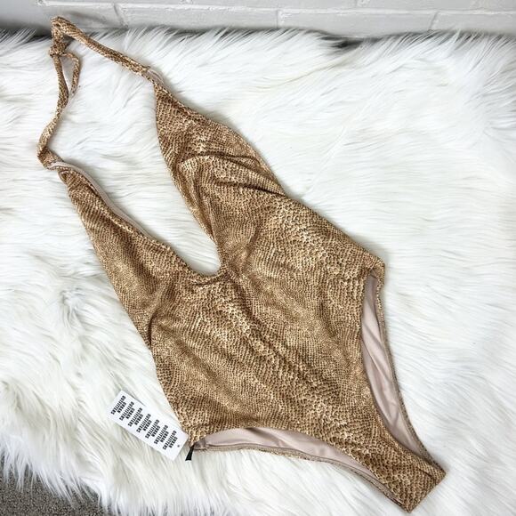 NWT Urban Outfitters Plunge Neckline Snakeskin One Piece Swimsuit Size L - Picture 1 of 10